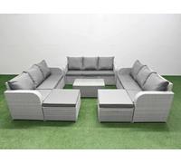Fimous Pe Rattan Lounge Sofa Set 11 Seater Rectangular Coffee Table 3 Seater Sofa 2 Big Footstools Light Grey