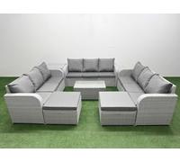 Fimous Pe Rattan Lounge Sofa Set 11 Seater Rectangular Coffee Table 3 Seater Sofa 2 Big Footstools Side Table Light Grey