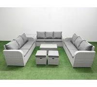 Fimous PE Rattan Lounge Sofa Set 11 Seater Outdoor Garden Furniture Set with Rectangular Coffee Table 3 Seater Sofa 2 Stools Side Table Light Grey