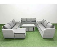 Fimous Pe Rattan Lounge Sofa Set 12 Seater Outdoor Garden Furniture Set Oblong Coffee Table 3 Stools 2 Side Table Light Grey