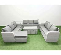Fimous Pe Rattan Lounge Sofa Set 12 Seater Outdoor Garden Furniture Set Oblong Coffee Table 3 Stools Side Table Light Grey