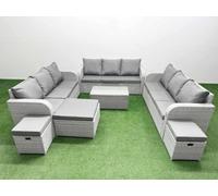 Fimous Pe Rattan Lounge Sofa Set 12 Seater Outdoor Garden Furniture Set Rectangular Coffee Table 3 Seater Sofa 3 Stools Light Grey