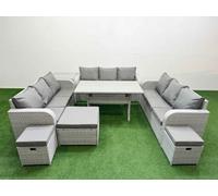Fimous Pe Rattan Lounge Sofa Set 12 Seater Outdoor Garden Furniture Set Rectangular Dining Table 3 Seater Sofa 3 Stools Side Table