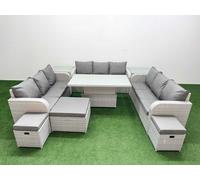 Fimous PE Rattan Lounge Sofa Set 12 Seater Outdoor Garden Furniture Set w/ Adjustable Lifting Dining or Coffee Table 3 Seater Sofa 3 Stools 2 Side Fimous Light Grey
