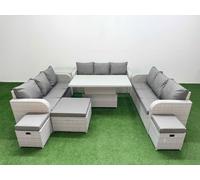 Fimous PE Rattan Lounge Sofa Set 12 Seater Outdoor Garden Furniture Set w/ Adjustable Lifting Dining or Coffee Table 3 Seater Sofa 3 Stools Side Fimous Light Grey