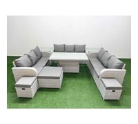 PE Rattan Lounge Sofa Set 12 Seater Outdoor Garden Furniture Set with Adjustable Lifting Dining or Coffee Table 3 Seater Sofa 3 Stools 2 Side Table Li Fimous Light Grey One Size