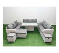 Fimous PE Rattan Lounge Sofa Set 12 Seater Outdoor Garden Furniture Set w/ Adjustable Lifting Dining or Coffee Table 3 Seater Sofa 3 Stools Side Fimous Light Grey