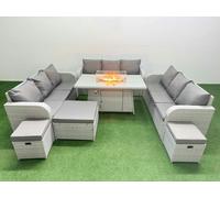 Fimous PE Rattan Lounge Sofa Set 12 Seater Outdoor Garden Furniture Set with Fire Pit Dining Table 3 Seater Sofa 3 Stools Light Grey