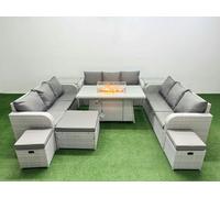 Fimous PE Rattan Lounge Sofa Set 12 Seater Outdoor Garden Furniture Set with Fire Pit Dining Table 3 Seater Sofa 3 Stools 2 Side Table Light Grey