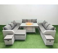 Fimous PE Rattan Lounge Sofa Set 12 Seater Outdoor Garden Furniture Set with Firepit Dining Table 3 Seater Sofa 3 Stools 2 Side Table