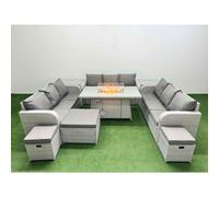 PE Rattan Lounge Sofa Set 12 Seater Outdoor Garden Furniture Set with Firepit Dining Table 3 Seater Sofa 3 Stools 2 Side Table Light Grey Fimous Light Grey One Size
