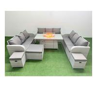 Fimous PE Rattan Lounge Sofa Set 12 Seater Outdoor Garden Furniture Set with Firepit Dining Table 3 Seater Sofa 3 Stools