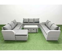 Fimous Pe Rattan Lounge Sofa Set 12 Seater Outdoor Garden Furniture Set Oblong Coffee Table 3 Seater Sofa 3 Stools Light Grey