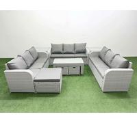 Fimous PE Rattan Lounge Sofa Set 12 Seater Outdoor Garden Furniture Set with3 Seater Sofa 3 Stools 2 Side Table Light Grey