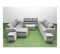 Fimous PE Rattan Lounge Sofa Set 12 Seater Outdoor Garden Furniture Set with Rectangular Coffee Table 3 Seater Sofa 3 Stools 2 Side Table Light Grey