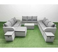 Fimous PE Rattan Lounge Sofa Set 12 Seater Outdoor Garden Furniture Set with Rectangular Coffee Table 3 Seater Sofa 3 Stools 2 Side Table Light Grey