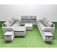 PE Rattan Lounge Sofa Set 12 Seater Outdoor Garden Furniture Set with Square Coffee Table 3 Seater Sofa 3 Stools Side Table Light Grey Fimous Light Grey One Size