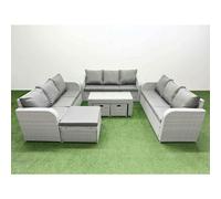 Fimous Pe Rattan Lounge Sofa Set 12 Seater Outdoor Garden Furniture Set Oblong Coffee Table 3 Seater Sofa 3 Stools Light Grey