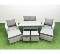 Fimous PE Rattan Lounge Sofa Set 8 Seater Outdoor Garden Furniture Set with Dining Table Love Sofa 2 Big Footstools 2 Side Tables Light Grey