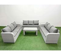 Fimous Pe Rattan Lounge Sofa Set 9 Seater Outdoor Garden Furniture Set Oblong Coffee Table 3 Seater Sofa 2 Side Table Light Grey