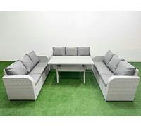 Fimous PE Rattan Lounge Sofa Set 9 Seater Outdoor Garden Furniture Set with Rectangular Dining Table 3 Seater Sofa Light Grey