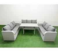 Fimous PE Rattan Lounge Sofa Set 9 Seater Outdoor Garden Furniture Set with Rectangular Dining Table 3 Seater Sofa 2 Side Table Light Grey