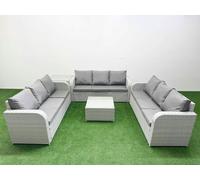 Fimous PE Rattan Lounge Sofa Set 9 Seater Outdoor Garden Furniture Set with Square Coffee Table 3 Seater Sofa Side Table Light Grey
