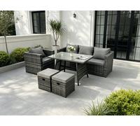 Fimous Pe Rattan Outdoor Furniture Garden Dining Set With Oblong Dining Table Armchair 2 Small Footstools Dark Grey