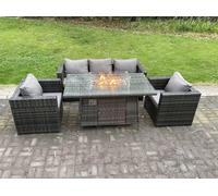 Fimous PE Wicker 5 Seater Rattan Garden Furniture Gas Fire Pit Table Gas Heater Sets Lounge Sofa Set With Chair Clear Tempered Glass