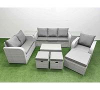 Fimous Patio PE Wicker 9 Seater Outdoor Rattan Furniture Sofa Sets with Rectangular Coffee Table 3 Seater Sofa Stool 2 Side Table Light Grey