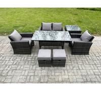 Fimous PE Wicker Outdoor Garden Furniture Set Patio Furniture Rattan Rectangular Dining Table Lounge Sofa with Side Table 2 Small Footstool