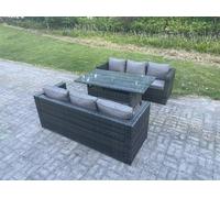Fimous PE Wicker Outdoor Garden Furniture Set Patio Rattan Rectangular Dining Table Lounge Sofa 6 Seater Dark Grey Mixed