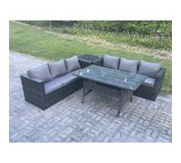 Fimous PE Wicker Outdoor Garden Furniture Set Patio Rattan Rectangular Dining Table Lounge Sofa with Side Table 6 Seater Dark Grey Mixed