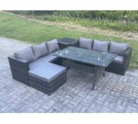 Fimous PE Wicker Outdoor Garden Furniture Set Patio Rattan Rectangular Dining Table Lounge Sofa with Big Footstool Side Table 7 Seater Dark Grey Mixed