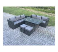 Fimous 8 Seater Rattan Outdoor Garden Furniture Set with 2 Sofas, Rectangular Dining Table, Sofa & 2 Footstools - Dark Grey Mixed