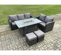 PE Wicker Outdoor Rattan Garden Furniture Set Propane Gas Fire Pit Table and Sofa set with 2 Small Footstools Fimous Dark Grey One Size