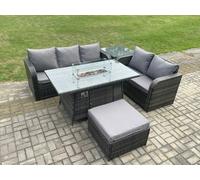 Fimous PE Wicker Outdoor Rattan Garden Furniture Set Propane Gas Fire Pit Table and Sofa set with Side Table Big Footstool