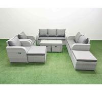 Fimous Pe Wicker Rattan Furniture Sets With Oblong Coffee Table Love Sofa 3 Seater Sofa Reclining Chair 4 Stools Light Grey Mixed