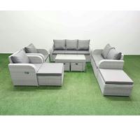 Fimous PE Wicker Rattan Furniture Sets with Oblong Coffee Table Love Sofa 3 Seater Sofa Reclining Chair 4 Stools Light Grey Mixed