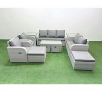 Fimous PE Wicker Rattan Furniture Sets with Oblong Coffee Table Love Sofa Reclining Chair 3 Seater Sofa 4 Stools 2 Side Tables Light Grey Mixed