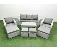 Fimous PE Wicker Rattan Furniture Sofa Sets with Oblong Coffee Table 3 Seater Sofa 4 Stools 2 Side Tables Light Grey Mixed