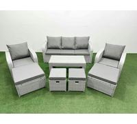Fimous PE Wicker Rattan Furniture Sofa Sets with Oblong Coffee Table 3 Seater Sofa 4 Stools Light Grey Mixed