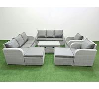 Fimous PE Wicker Rattan Furniture Sofa Sets with Oblong Coffee Table 3 Seater Sofa 4 Stools Light Grey