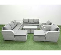 Fimous PE Wicker Rattan Furniture Sofa Sets with Oblong Coffee Table 3 Seater Sofa 4 Stools Side Table Light Grey