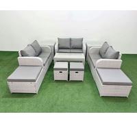 Fimous PE Wicker Rattan Furniture Sofa Sets with Oblong Coffee Table Love Sofa 4 Stools 2 Side Table Light Grey Mixed