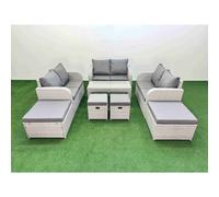 Fimous PE Wicker Rattan Furniture Sofa Sets with Oblong Coffee Table Love Sofa 4 Stools Light Grey Mixed
