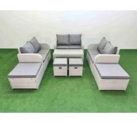 Fimous PE Wicker Rattan Furniture Sofa Sets with Oblong Coffee Table Love Sofa 4 Stools Light Grey Mixed
