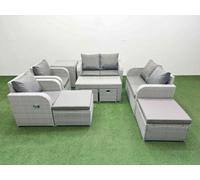 Fimous Pe Wicker Rattan Furniture Sofa Sets With Oblong Coffee Table Love Sofa Reclining Chair 4 Stools Side Table