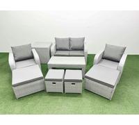 Fimous PE Wicker Rattan Furniture Sofa Sets with Oblong Coffee Table Love Sofa Reclining Chair Side Table 4 Stools Light Grey Mixed Light Grey