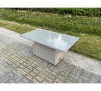 Fimous PE Wicker Rattan Garden Furniture Adjustable Rising Dining or Coffee Table In Light Grey Mixed With Clear Tempered Glass Semi Assembled Light Grey